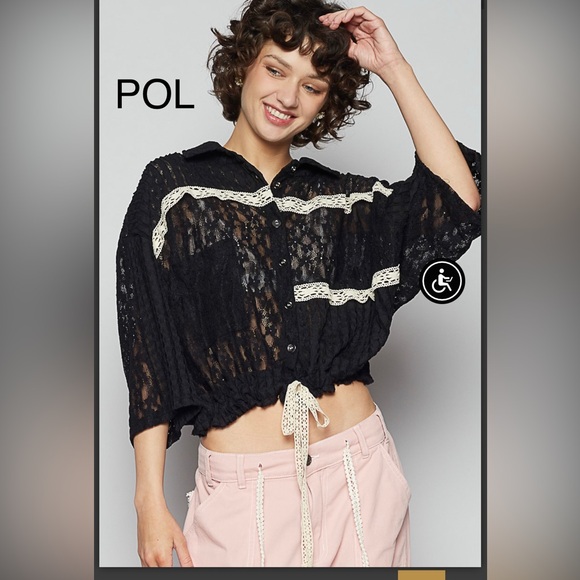 BP32-1🖤🤍NEW! POL perfection in Black Lace Button-Up Top with Cream Accents! Wow! - Picture 6 of 7